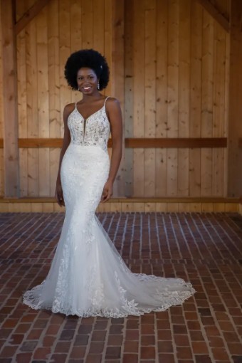 Essense of Australia D3477 #2 (IVRM-PL) Ivory Lace & Tulle over Rum Gown w Porcelain Tulle Plunge thumbnail